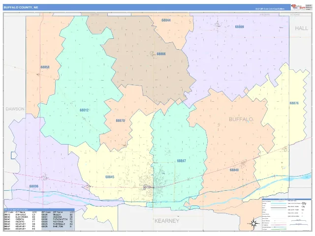Buffalo County, NE ZIP Code Wall Map, ColorCast style