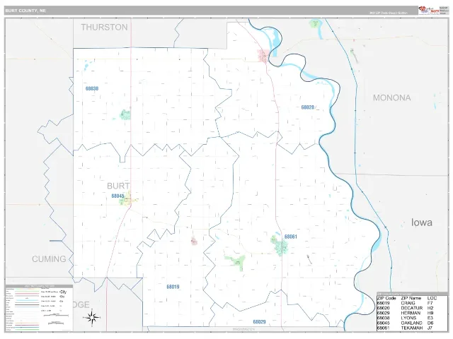 Burt County, NE ZIP Code Wall Map, Classic style