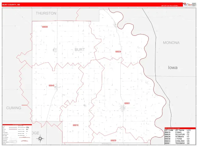Burt County, NE ZIP Code Wall Map, RedLine style