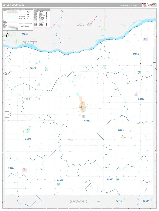 Butler County, NE ZIP Code Wall Map, Classic style