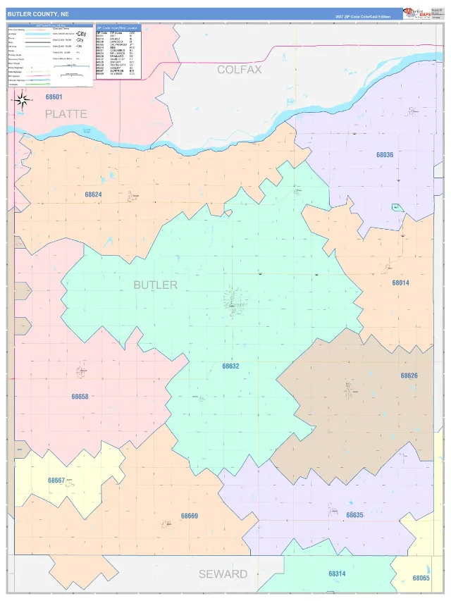 Butler County, NE ZIP Code Wall Map, ColorCast style