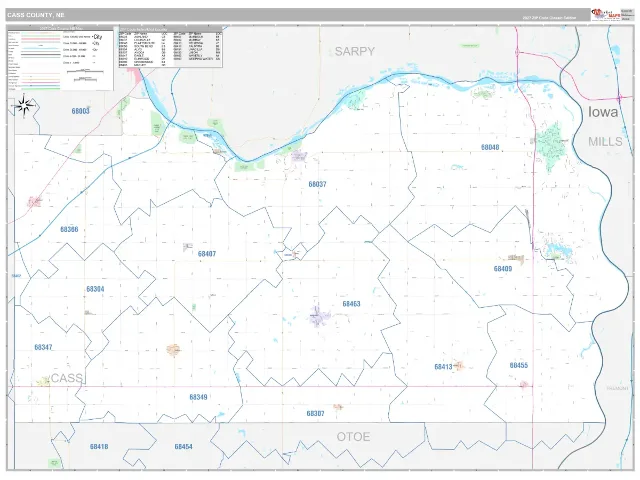 Cass County, NE ZIP Code Wall Map, Classic style