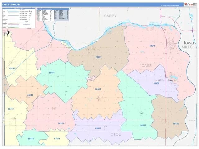 Cass County, NE ZIP Code Wall Map, ColorCast style