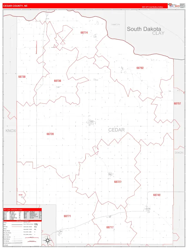 Cedar County, NE ZIP Code Wall Map, RedLine style