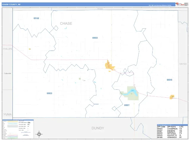 Chase County, NE ZIP Code Wall Map, Business Reference style
