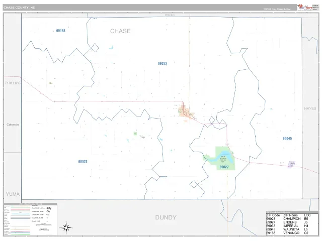 Chase County, NE ZIP Code Wall Map, Classic style