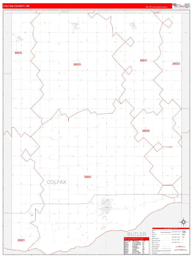 Colfax County, NE ZIP Code Wall Map, RedLine style