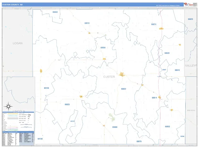 Custer County, NE ZIP Code Wall Map, Business Reference style
