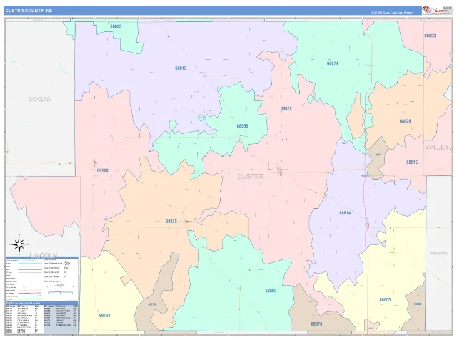 Custer County, NE ZIP Code Wall Map, ColorCast style