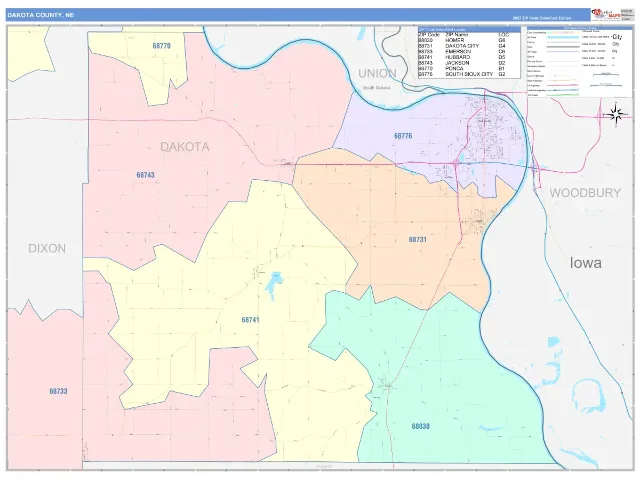 Dakota County, NE ZIP Code Wall Map, ColorCast style