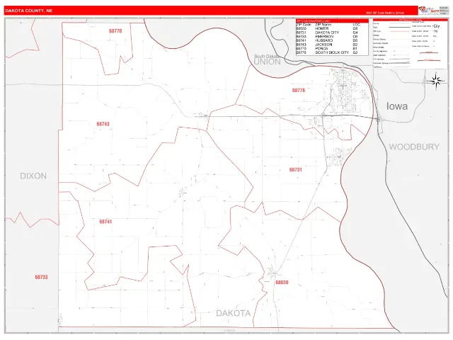 Dakota County, NE ZIP Code Wall Map, RedLine style