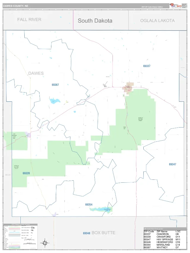 Dawes County, NE ZIP Code Wall Map, Classic style