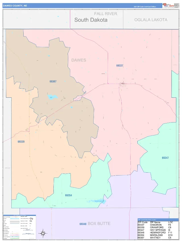 Dawes County, NE ZIP Code Wall Map, ColorCast style