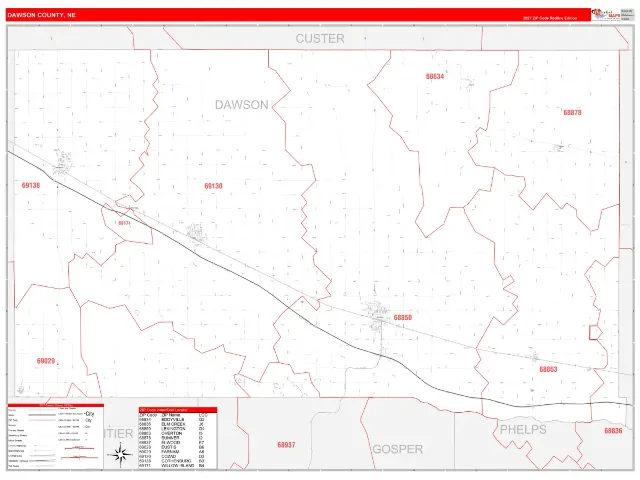 Dawson County, NE ZIP Code Wall Map, RedLine style