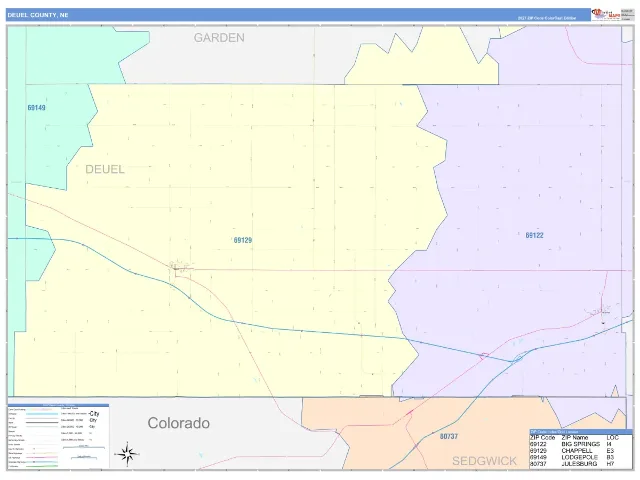 Deuel County, NE ZIP Code Wall Map, ColorCast style