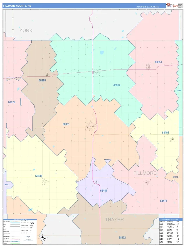 Fillmore County, NE ZIP Code Wall Map, ColorCast style