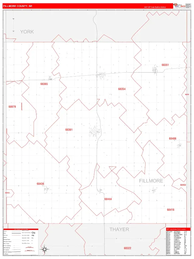 Fillmore County, NE ZIP Code Wall Map, RedLine style