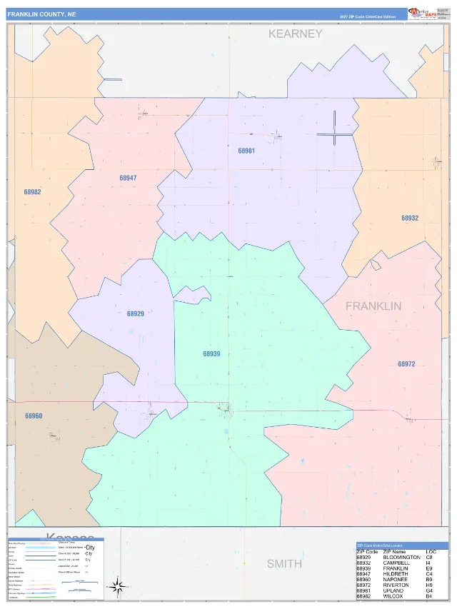 Franklin County, NE ZIP Code Wall Map, ColorCast style