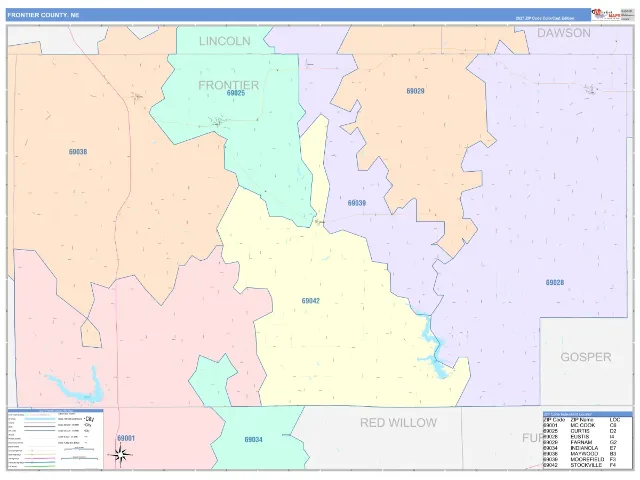 Frontier County, NE ZIP Code Wall Map, ColorCast style