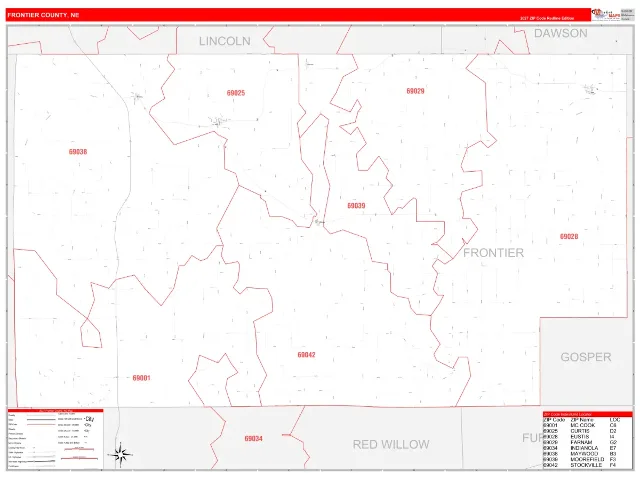 Frontier County, NE ZIP Code Wall Map, RedLine style