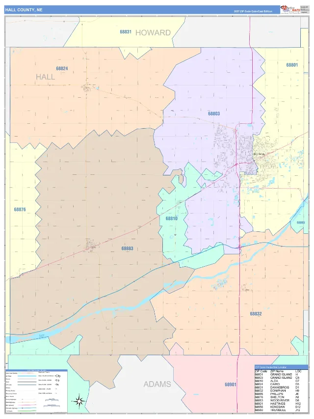 Hall County, NE ZIP Code Wall Map, ColorCast style