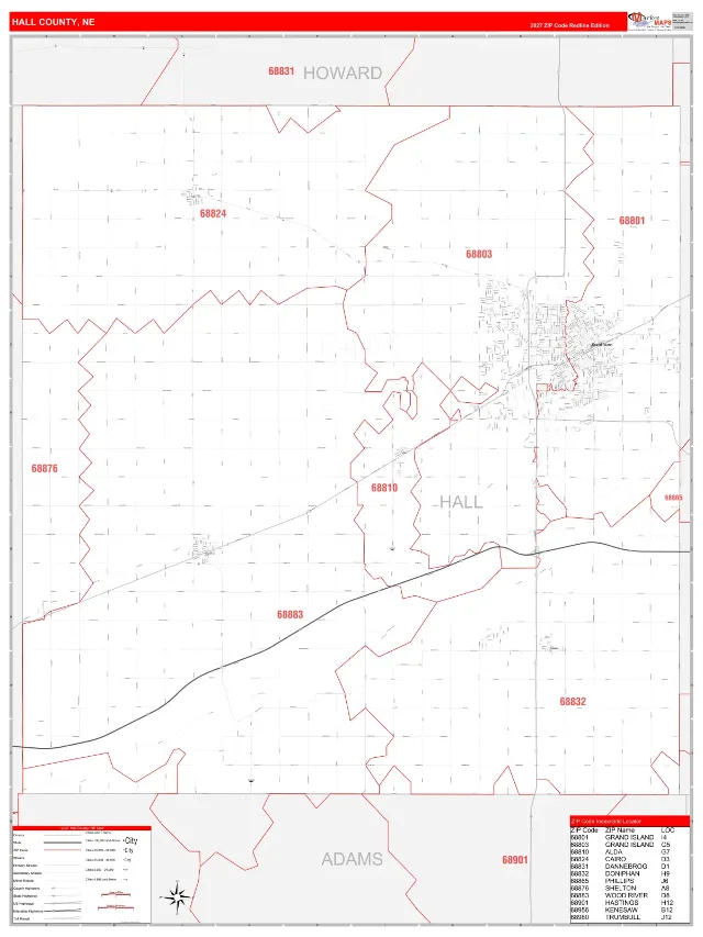 Hall County, NE ZIP Code Wall Map, RedLine style