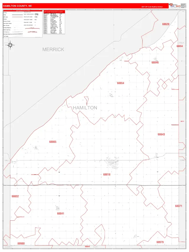 Hamilton County, NE ZIP Code Wall Map, RedLine style