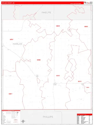 Harlan County, NE RedLine style ZIP Code wall map