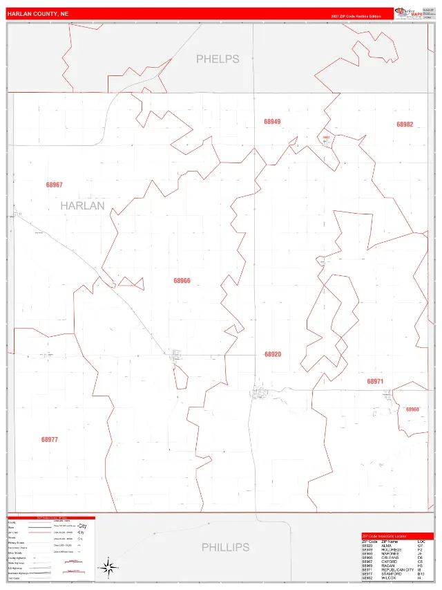 Harlan County, NE ZIP Code Wall Map, RedLine style