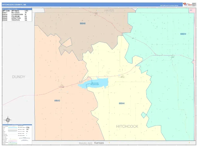 Hitchcock County, NE ZIP Code Wall Map, ColorCast style