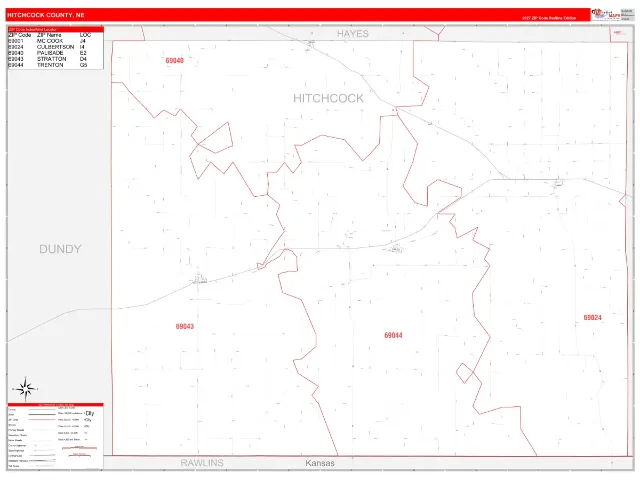Hitchcock County, NE ZIP Code Wall Map, RedLine style