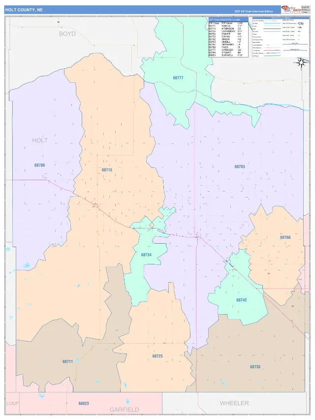Holt County, NE ZIP Code Wall Map, ColorCast style