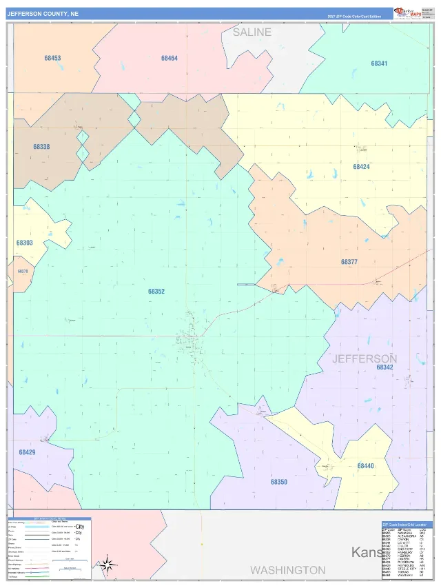 Jefferson County, NE ZIP Code Wall Map, ColorCast style