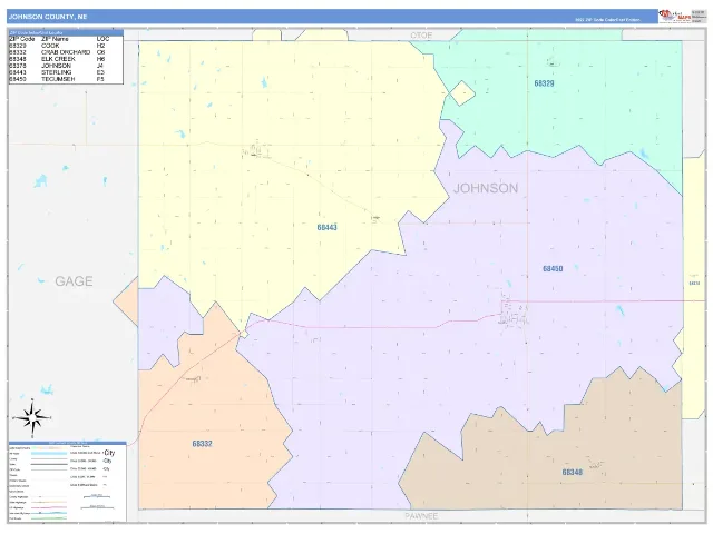 Johnson County, NE ZIP Code Wall Map, ColorCast style