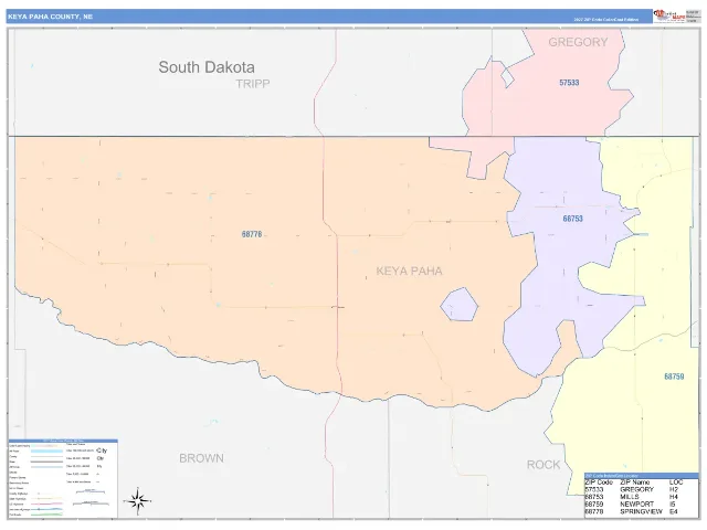 Keya Paha County, NE ZIP Code Wall Map, ColorCast style