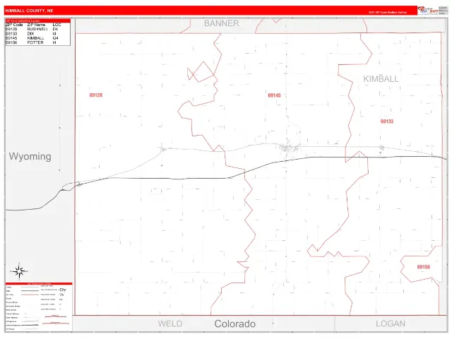 Kimball County, NE ZIP Code Wall Map, RedLine style