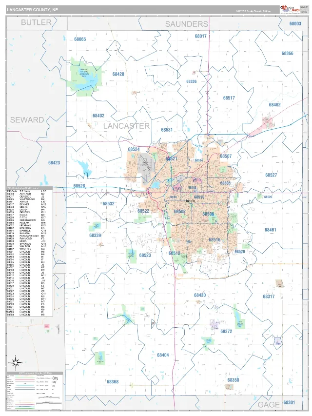 Lancaster County, NE ZIP Code Wall Map, Classic style
