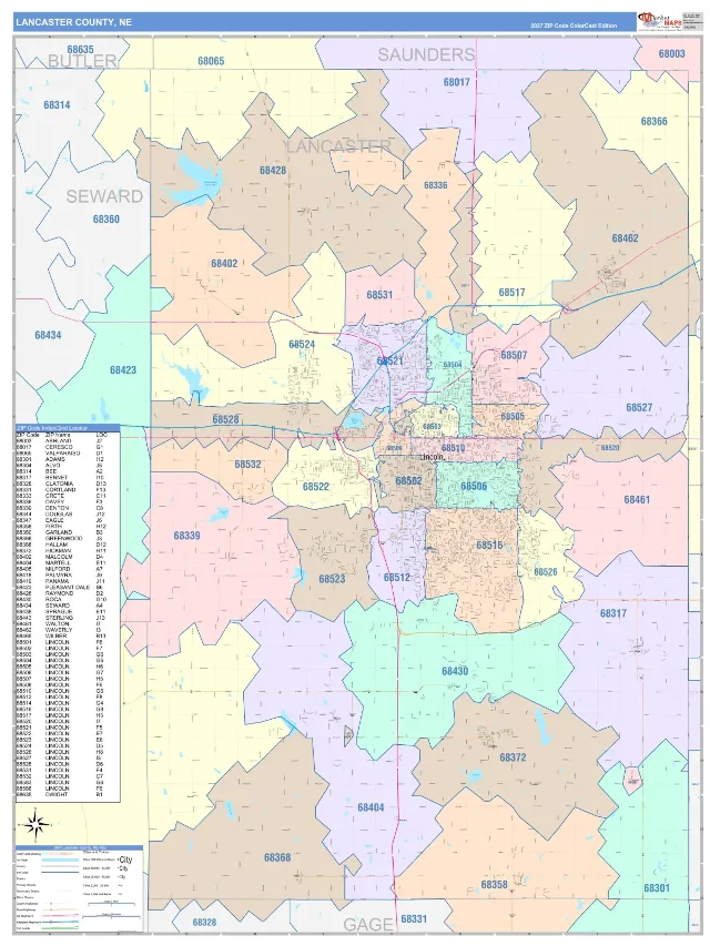 Lancaster County, NE ZIP Code Wall Map, ColorCast style