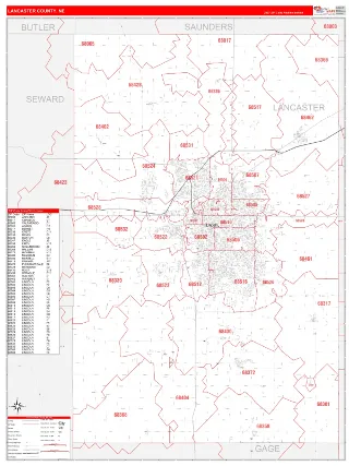 Lancaster County, NE RedLine style ZIP Code wall map