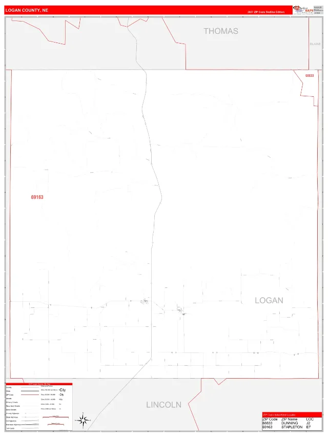 Logan County, NE ZIP Code Wall Map, RedLine style