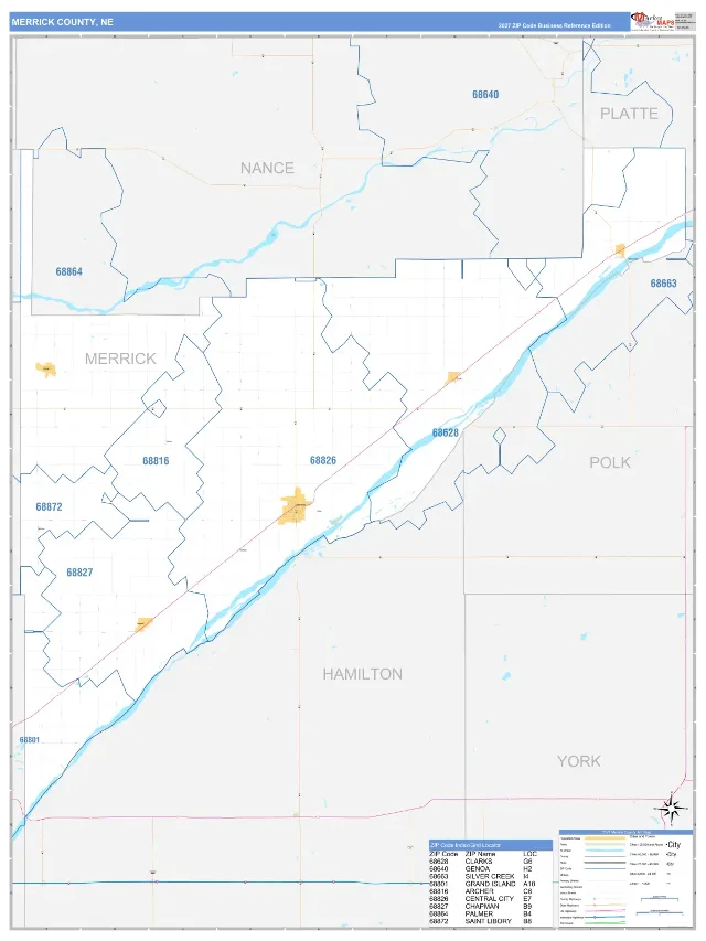 Merrick County, NE ZIP Code Wall Map, Business Reference style
