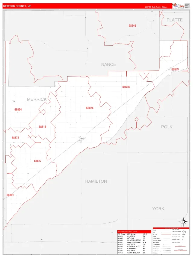 Merrick County, NE ZIP Code Wall Map, RedLine style