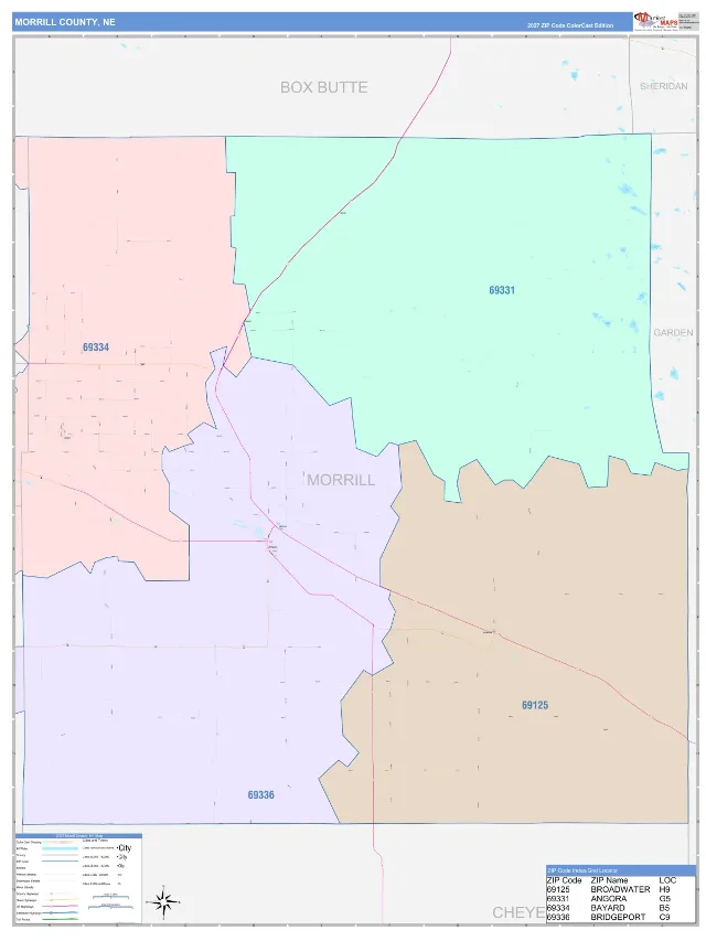 Morrill County, NE ZIP Code Wall Map, ColorCast style
