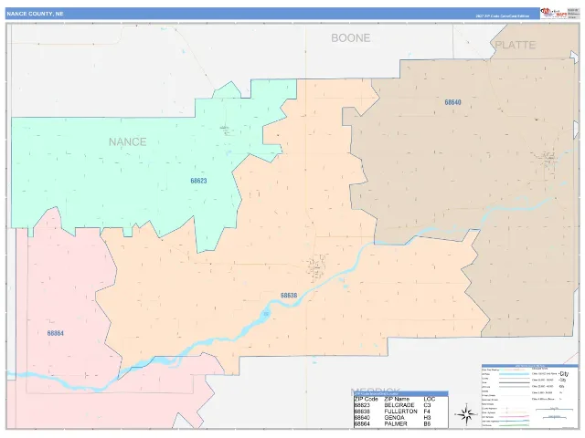 Nance County, NE ZIP Code Wall Map, ColorCast style