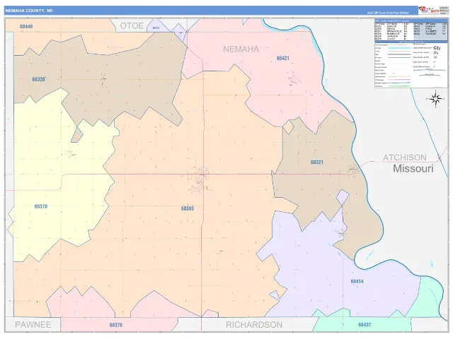 Nemaha County, NE ZIP Code Wall Map, ColorCast style