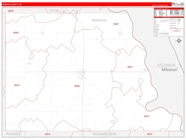 Nemaha County, NE ZIP Code Wall Map, RedLine style
