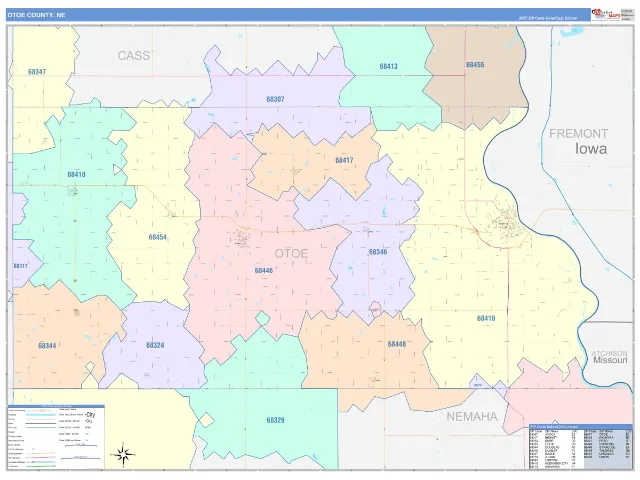 Otoe County, NE ZIP Code Wall Map, ColorCast style