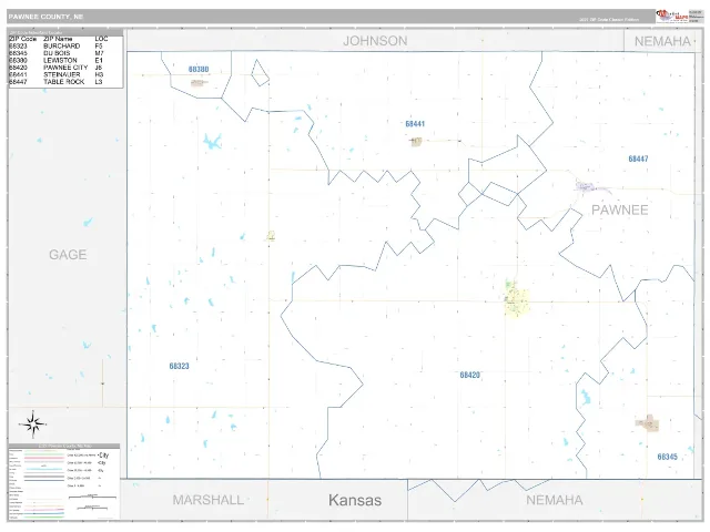 Pawnee County, NE ZIP Code Wall Map, Classic style