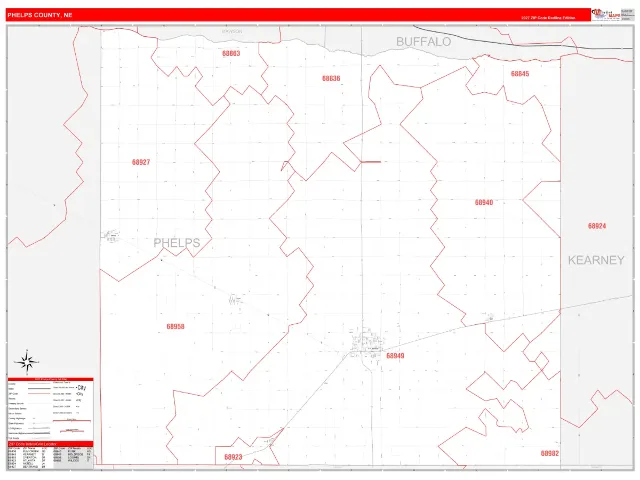 Phelps County, NE ZIP Code Wall Map, RedLine style
