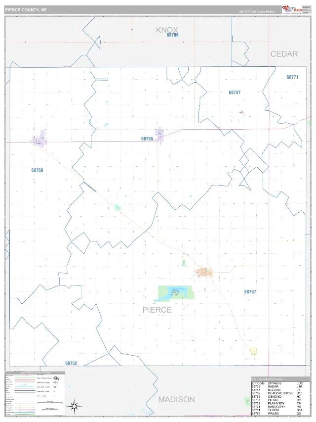 Pierce County, NE ZIP Code Wall Map, Classic style